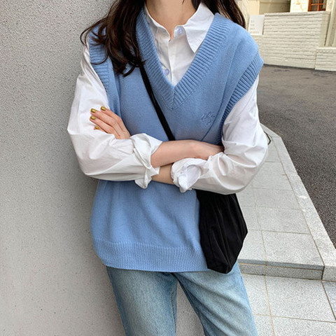 Gilet tricoté sans manches avec col en v pour femme, chandail ample avec broderie preppy japonais, 8 couleurs, 2022, X1135 ► Photo 1/6
