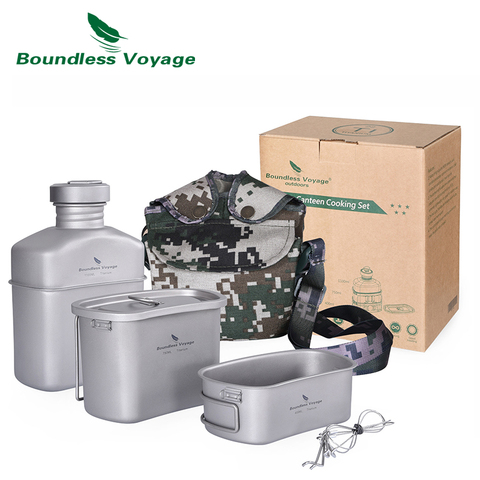 Voyage illimité cantine militaire ensemble de tasses Camping titane bouteille d'eau Pot bol cuisine Mess Kit léger en plein air ustensile ► Photo 1/6