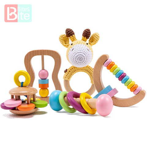 Jouets en bois sûrs pour bébés, lot de 5 pièces, jouets Montessori pour tout-petits, poignée, hochet, sucette, Bracelet, anneau de dentition, ensemble de jouets pour bébés ► Photo 1/6