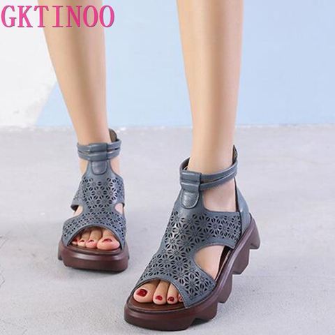 GKTINOO sandales femme 2022 été en cuir véritable femmes sandales plate-forme compensées chaussures décontractées à la main romaine sandales femmes ► Photo 1/6