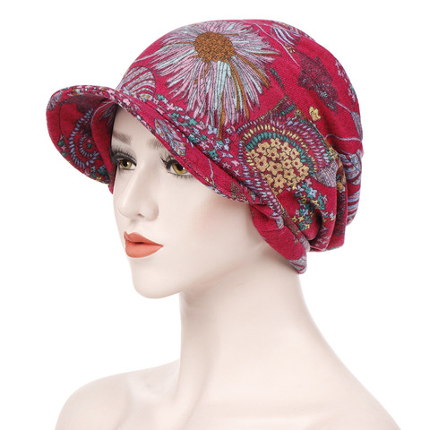 Mode femmes imprimé fleuri coton garder au chaud hiver à large bord casquette Turban visière chapeau Turbante mujer ► Photo 1/6