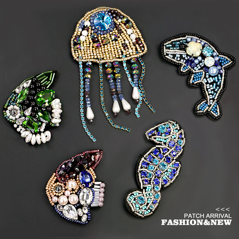 Patchs de paillettes de broderie de poisson d'hippocampe de méduse d'aquarium sur l'applique perlée d'habillement cousent sur des rayures de correction pour des vêtements fins ► Photo 1/6