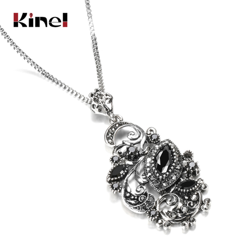 Kinel breloque pierre noire cristal fleur collier pour femmes tibétain argent résine Long pendentif collier Vintage bijoux en gros ► Photo 1/6