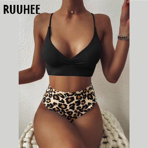 RUUHEE – maillot de bain rainuré pour femmes, ensemble deux pièces, noir et blanc, soutien-gorge Push Up, rembourré, taille haute, couleur unie, 2022 ► Photo 1/6