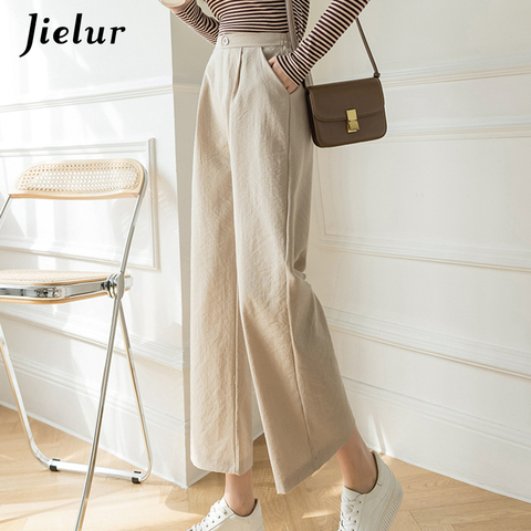 Jielur – pantalon à jambes larges en coton et lin pour femme, taille haute, couleur unie, poches, noir, kaki, nouvelle collection printemps 2022 ► Photo 1/6