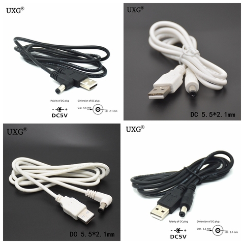 Prise d'alimentation USB à Angle droit en forme de L, 5.5x2.1mm/DC 5.5x2.1mm, blanc et noir, avec connecteur de cordon, câble USB ► Photo 1/5