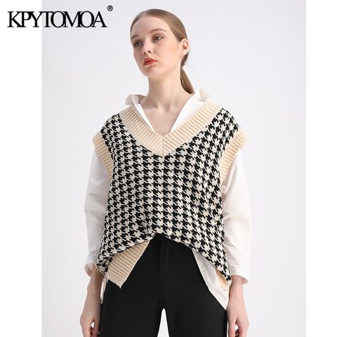 KPYTOMOA femmes 2022 mode surdimensionné pied-de-poule tricoté gilet chandail Vintage sans manches évents latéraux femme gilet Chic hauts ► Photo 1/6