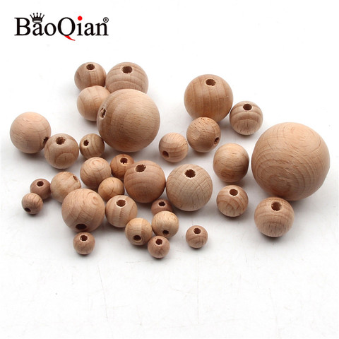 Boules rondes en bois de hêtre naturel, 8-30mm, sans plomb, perles pour la fabrication de bijoux, bricolage enfants, dentition entretoise, artisanat en bois ► Photo 1/5