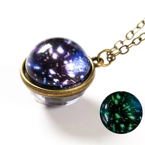 Lueur nuit étoile planète boule de verre Noctilucent pendentif collier Double face luminescente galaxie nébuleuse cosmique chandail chaîne ► Photo 1/6