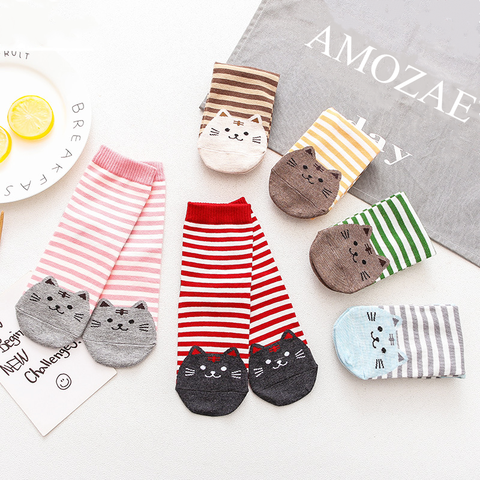 Nouveau décontracté Harajuku chaussettes femmes chat imprime dessin animé animaux chat motif rayé coton chaussettes Femme sol Meias chaussettes Kawaii ► Photo 1/6