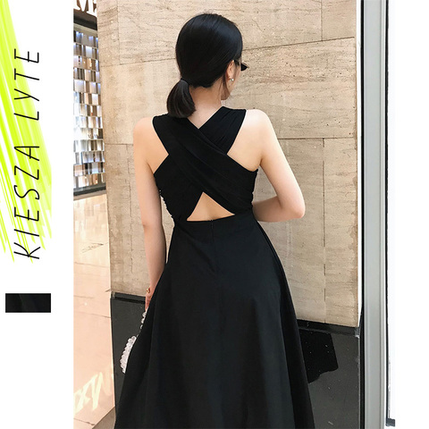 Robe de soirée élégante noire, Style Hepburn, sans manches, dos croisé, Midi, ligne A, nouvelle mode, été, 2022 ► Photo 1/6