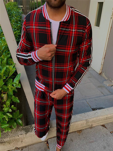 Nwe hommes ensembles 2 pièces ensembles survêtement vêtements pour hommes vestes + pantalons pull Sportwear messieurs plaid costume décontracté Europe M-3XL ► Photo 1/6