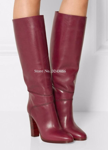Bottes en cuir rouge vin à talons épais pour femme, chaussures de Banquet, grande taille, livraison directe ► Photo 1/5