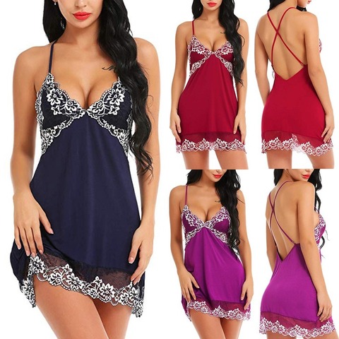 Lingerie Sexy femmes sous-vêtements érotiques chauds dentelle de soie nuisette col en V chemise de nuit vêtements de nuit vêtements de sexe robes exotiques ► Photo 1/6