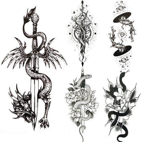 Noir Dragon roi tatouage temporaire pour hommes femmes arbre serpent fleur tatouages imperméable Unique épée Flash faux Tatoos brassards ► Photo 1/6