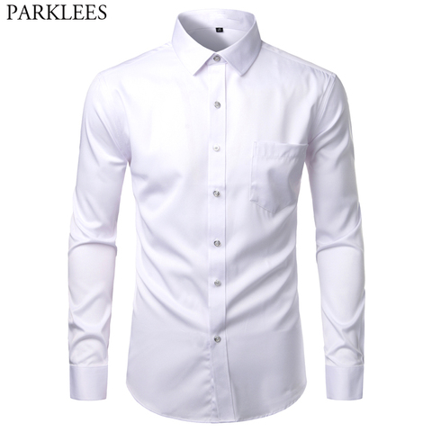 Chemise blanche en Fiber de bambou pour homme, coupe cintrée, sans plis, décontractée, facile d'entretien, élastique, pour le travail et le mariage ► Photo 1/6