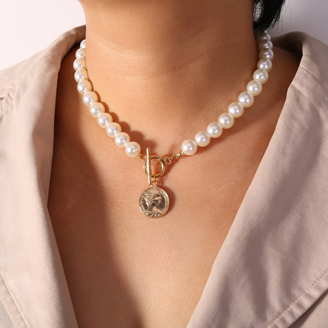 Colliers à perles couleur or pour femmes, chaînes à perles, pendentifs géométriques, cristal, ras du cou, nouvelle mode 2022 ► Photo 1/6