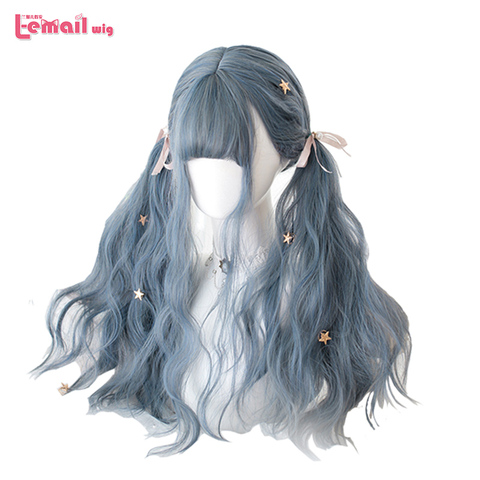 L-email – perruque Lolita synthétique, cheveux longs, mélange bleu, gris, bleu poussiéreux, ondulée, Harajuku, perruque Cosplay, résistante à la chaleur, Halloween ► Photo 1/6