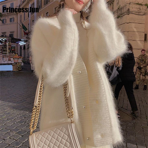 Style paresseux blanc doux Mohair vison polaire Cardigan pull femmes automne hiver nouveau col en v blanc très fée tricoté manteau ► Photo 1/1