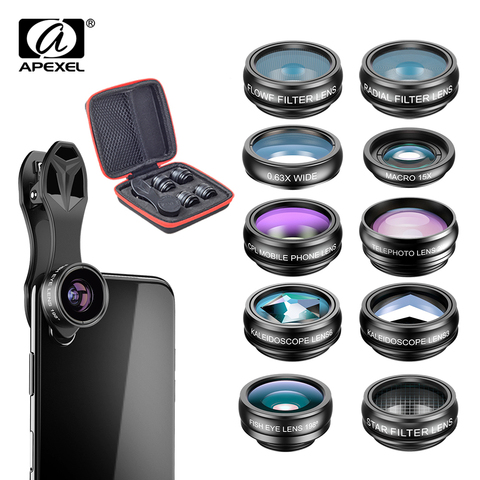 APEXEL 10 en 1 Kit d'objectif de caméra de téléphone Fisheye objectif macro grand Angle filtre CPL kaléidoscope et 2X lentille de télescope pour smartphone ► Photo 1/6