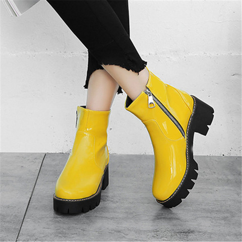 Bottines punk à plateforme en cuir verni pour femmes, chaussures à talons mi-hauts de 5.5cm, violet, jaune, noir, 32-43-2022 ► Photo 1/6