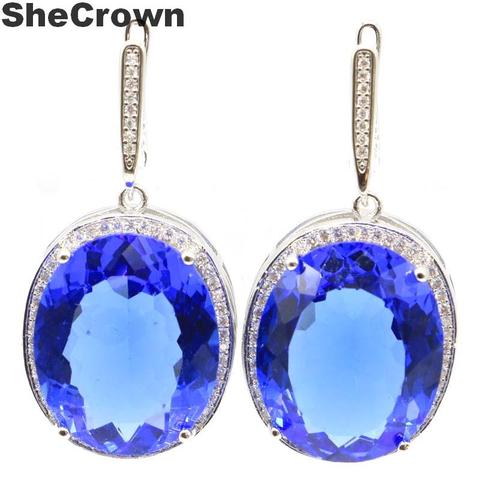 Ensemble de bijoux ovales de 17.5g, 40x21mm, boucles d'oreilles en argent, pendentif de fête pour femmes, couleur bleue violette, CZ ► Photo 1/4