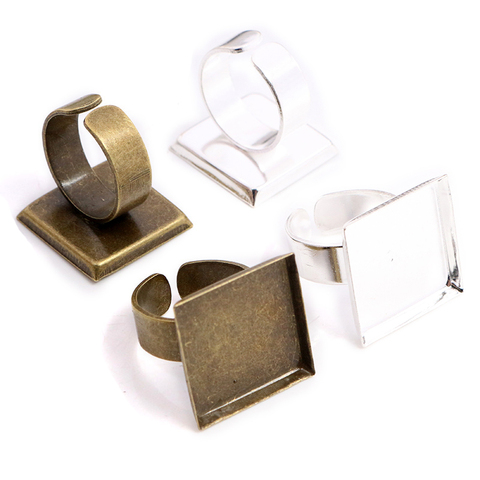 Anneaux carrés ajustables plaqués argent et Bronze, 20mm/Base, pour Cabochons en verre, boutons, 10 pièces ► Photo 1/6