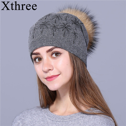 Xthree – chapeau d'hiver en cachemire pour femme, bonnet tricoté en laine, avec pompon en vraie fourrure, pour fille ► Photo 1/6