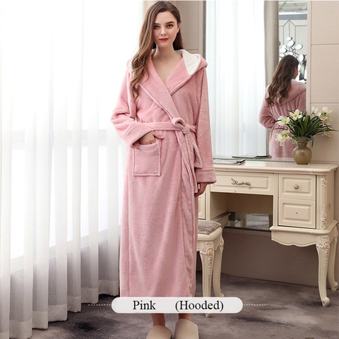 Longue Robe d'hiver à capuche pour femmes, manches longues, couleur unie, tissu éponge épais, vêtements de nuit doux ► Photo 1/6