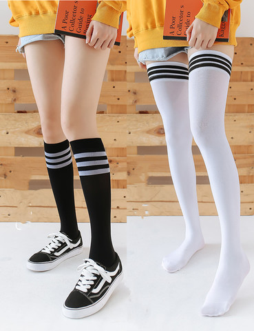 Cuissardes chaussettes femmes blanc noir bas noir sur le genou bas pour les filles de l'école dames bas Long chaussettes au genou ► Photo 1/6