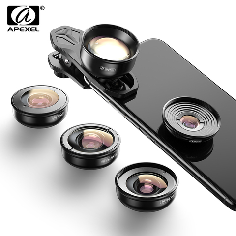 Kit d'objectif APEXEL 4K 5 en 1 caméra Portrait grand objectif Macro Super objectif Fisheye filtre CPL pour iPhone Mobile Samsung tous les téléphones portables ► Photo 1/6