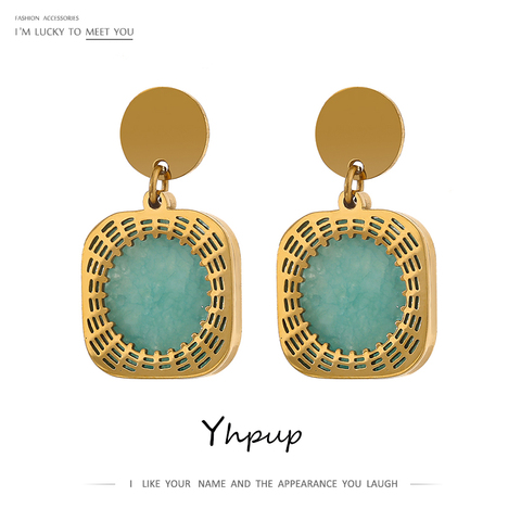 Yhpup – boucles d'oreilles pendantes en acier inoxydable pour femmes, bijoux en pierre naturelle verte, carré en métal, Chic, cadeau de fête, de bureau, 18 K ► Photo 1/6