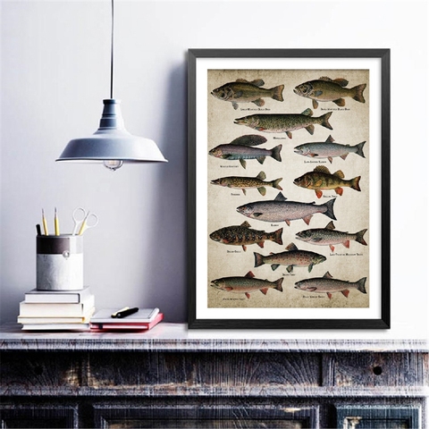 Pêche à la ligne Art mural toile affiches imprime races de poissons peinture poisson d'eau douce mur photo affiche papier Kraft ► Photo 1/6