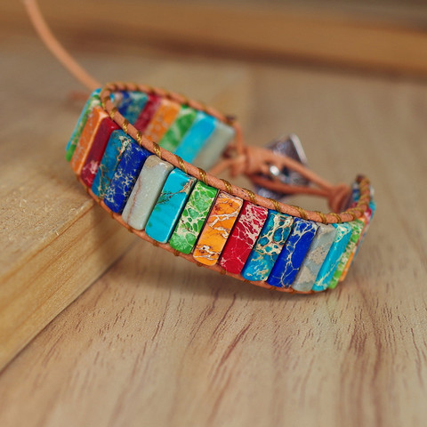 Bracelet de pierre naturelle Chakra multicolore fait à la main, bijoux, perles tubulaires, enveloppe en cuir, cadeaux créatifs pour Couples ► Photo 1/6