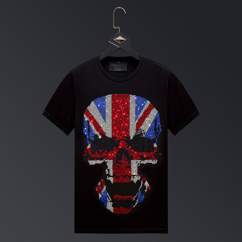 T-shirt manches courtes col rond pour homme, Streetwear, Slim, estival, à la mode, avec des têtes de mort en strass, grande taille, 2022 ► Photo 1/5
