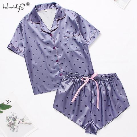 Pyjama en Satin de soie pour femmes, ensemble de vêtements de nuit, manches courtes, Short, imprimé avec bouton, nœud papillon ► Photo 1/6