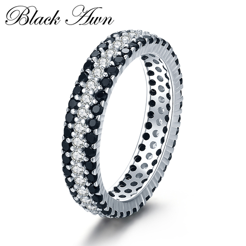 Black Awn Classique 3.2g 925 en argent Sterling Bijoux fins Bague ronde noir spinelle bagues de fiançailles pour femmes Bijoux Femme C443 ► Photo 1/6