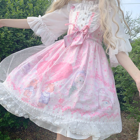 Style japonais victorien doux Lolita Jsk robe quotidienne été Kawaii dessin animé imprimé sans manches fronde robes fée Cosplay Costume ► Photo 1/6