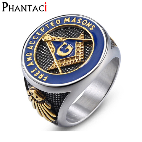 Pas de décoloration haute qualité en acier inoxydable anneaux pour hommes maçon franc-maçonnerie rétro hommes anneau maçonnique bague Hiphop couleur argent Anillos ► Photo 1/6