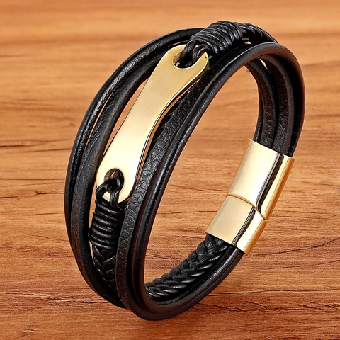 Bracelet de luxe en cuir et acier inoxydable pour hommes, fermoir magnétique tressé, fait à la main, bijoux d'affaires couleur or ► Photo 1/6