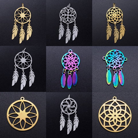 5 pièces/lot bohême capteur de rêves breloques en gros 100% en acier inoxydable Boho Lotus en cuir bricolage connecteur breloque OEM bijoux pendentif ► Photo 1/6