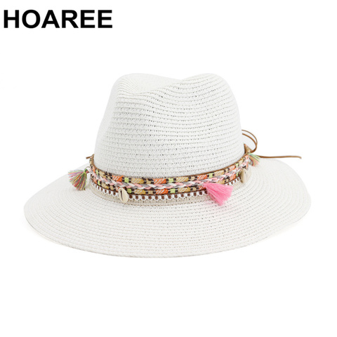 HOAREE-Chapeau de soleil en paille blanche, Panama, couvre-chef de plage pour femmes, Sombrero, Fedora pour femmes décontracté ► Photo 1/6