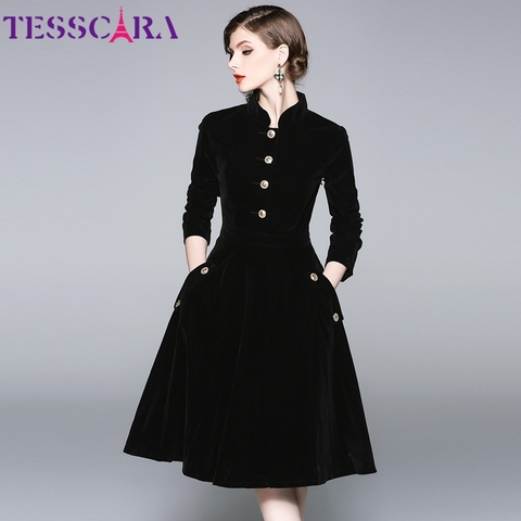 TESSCARA femmes automne et hiver élégant Robe en velours Festa haute qualité Vintage fête Robe Femme a-ligne concepteur noir Vestidos ► Photo 1/5