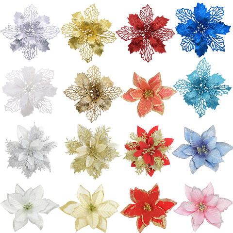 5 pièces grand paillettes Poinsettia fleur artificielle têtes de fleurs pour fête de mariage décor à la maison noël joyeux arbre de noël ornements ► Photo 1/6