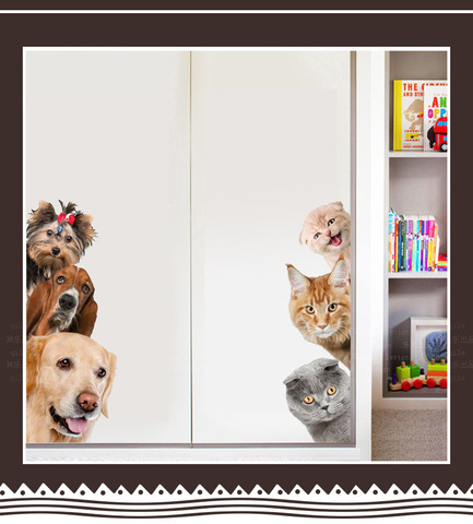 Autocollant mural en 3D amusant chat et chien, en vinyle, pour décoration de porte, fenêtre, placard, réfrigérateur, chambre d'enfant, dessin d'animaux ► Photo 1/6