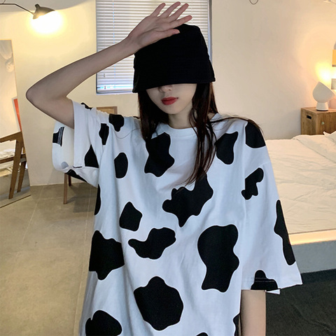 Vache camouflage imprimé Femme t-shirts Harajuku ample manches courtes dames T-shirt rétro ins vêtements haut Vetement Femme haut graphique ► Photo 1/6