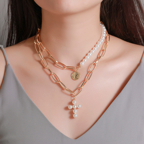 Modyle luxe Design Imitation perles collier ras du cou femme croix pendentif colliers pour femmes 2022 mode or pièce bijoux ► Photo 1/6