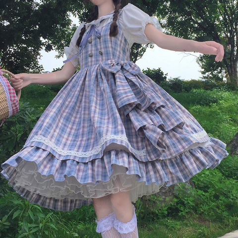 Lolita japonais quotidien poupée col à manches courtes Lolita avec mince Plaid robe salopette femmes été fée kei lolita robe ► Photo 1/6