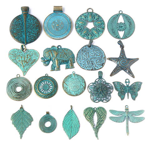 Verdigris patine, éléphant, cœur, feuille, fleur, libellule, papillon, tourbillon, aile, pendentif, matériel à la mode, 2 pièces/lot ► Photo 1/6