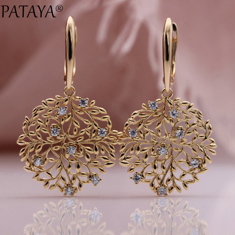 PATAYA nouveau coffre-fort arbre longues boucles d'oreilles 585 or Rose creux Unique mode bijoux cadeau de noël naturel Zircon luxe goutte boucle d'oreille ► Photo 1/6